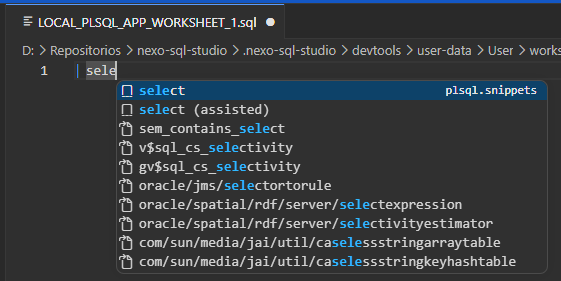 Nexo SQL Studio worksheet showing AI-assisted Oracle SQL generation suggestions in VS Code.