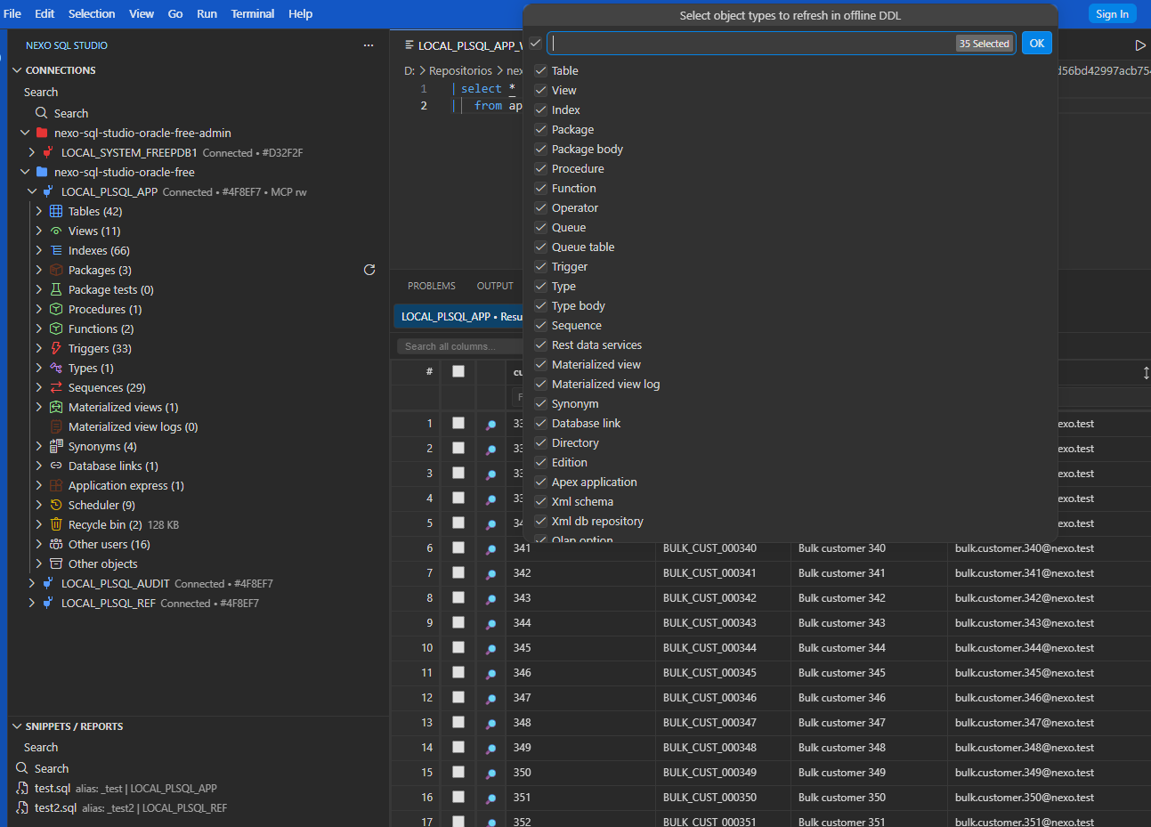 Offline Oracle object DDL files open in VS Code with generated scripts ready for version control.