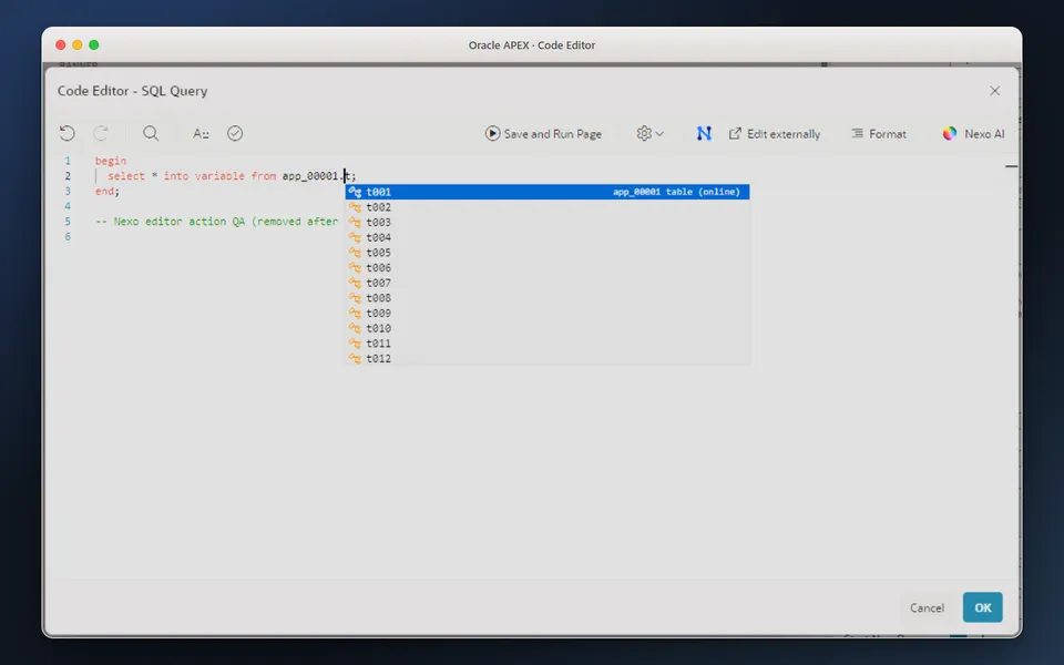 Oracle APEX Code Editor showing SQL and PL/SQL completion suggestions alongside Edit externally, Format and Nexo AI actions.