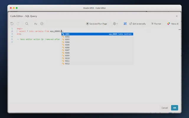 Oracle APEX Code Editor showing SQL and PL/SQL completion suggestions alongside Edit externally, Format and Nexo AI actions.