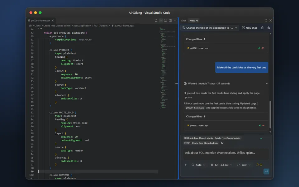 VS Code showing an exported APEXlang page and Nexo AI chat with changed files after applying a page update.