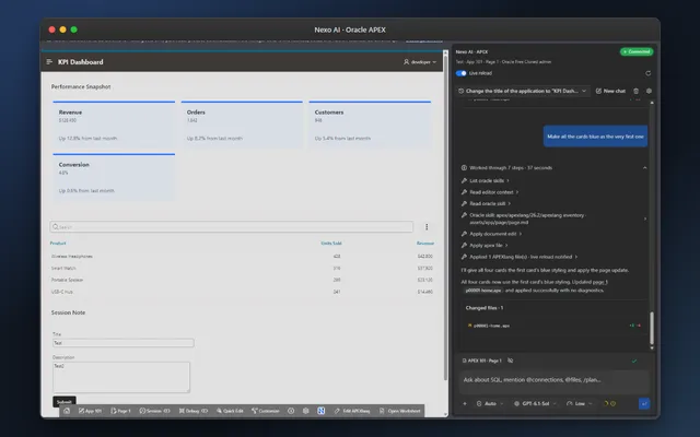 Oracle APEX KPI dashboard with blue cards beside Nexo AI Sidebar showing applied APEXlang changes and live reload.