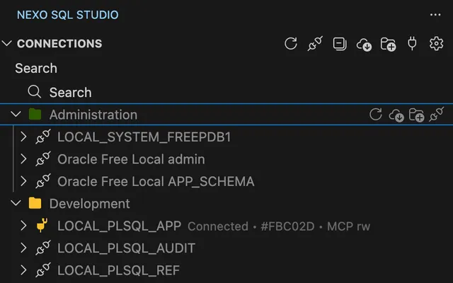 Connections explorer showing color-coded folders and grouped Oracle database connections.