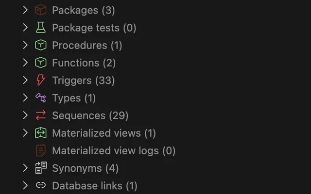 Oracle schema object explorer listing database object types in the Nexo SQL Studio sidebar.