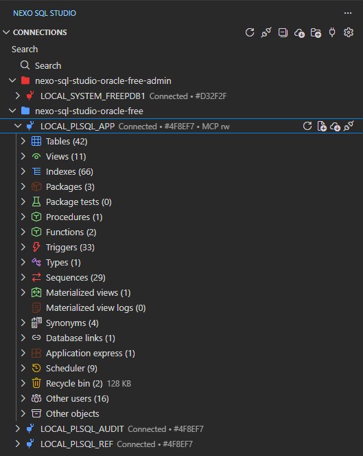 Oracle schema object explorer listing database object types in the Nexo SQL Studio sidebar.