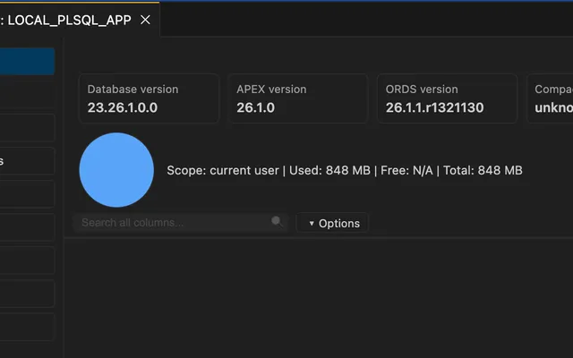 Database manager screen with Oracle sessions, scheduler, parameters, ACL, and wallet panels.