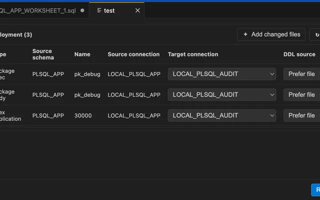 Deployment review workspace comparing selected Oracle objects before applying DDL changes.