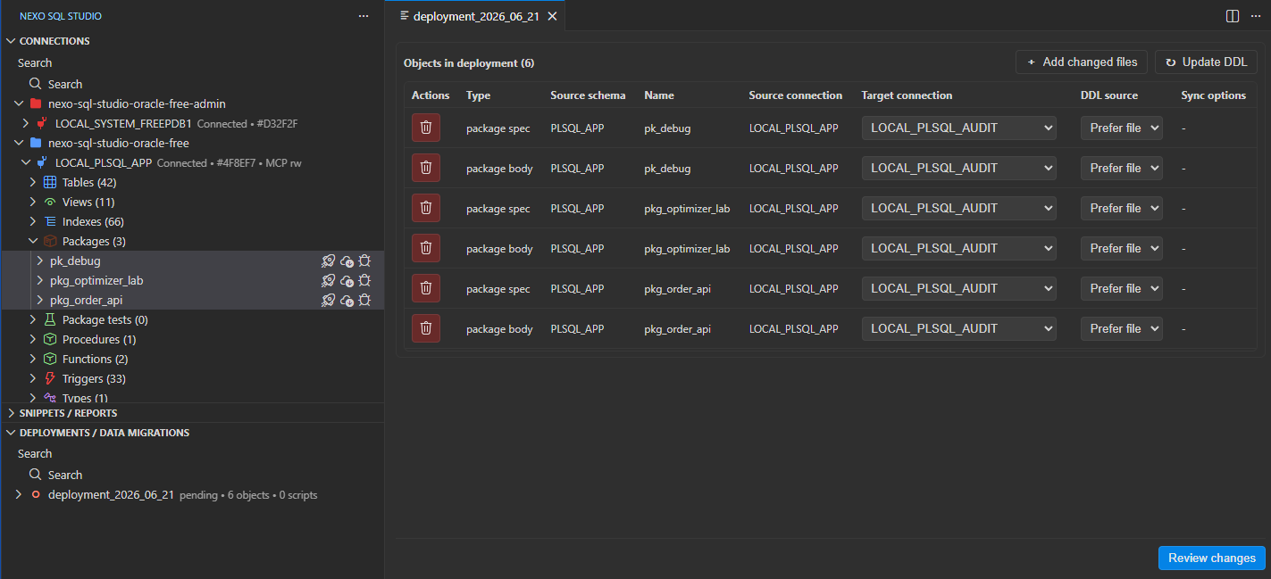 Deployment review workspace comparing selected Oracle objects before applying DDL changes.