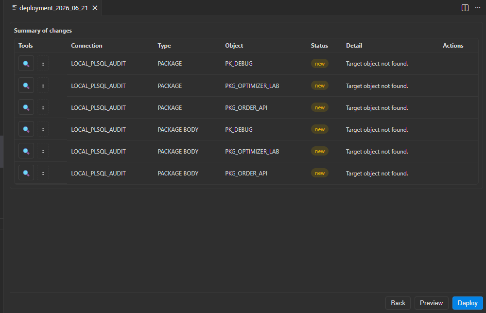 Deployment object list showing Oracle objects, schemas, and review status before deployment.