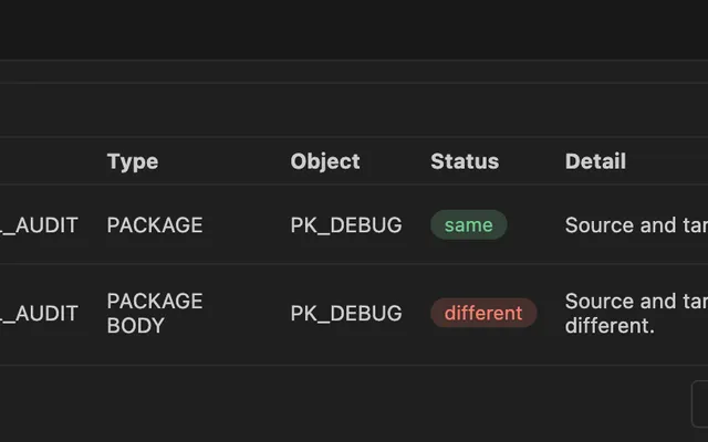 Deployment object list showing Oracle objects, schemas, and review status before deployment.