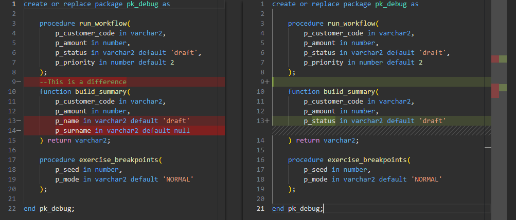 VS Code editor displaying a SQL and PL/SQL DDL diff preview for deployment review.