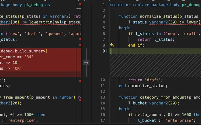 VS Code editor displaying a SQL and PL/SQL DDL diff preview for deployment review.