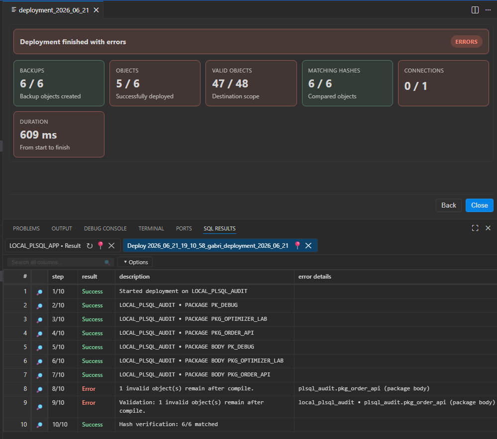 Deployment execution screen showing progress cards and detailed Oracle deployment output.