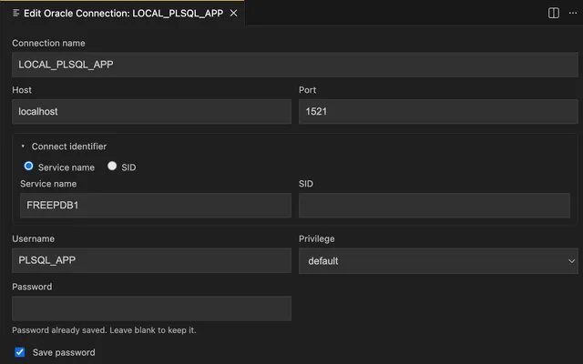 Oracle connection manager form for editing connection credentials and advanced settings.