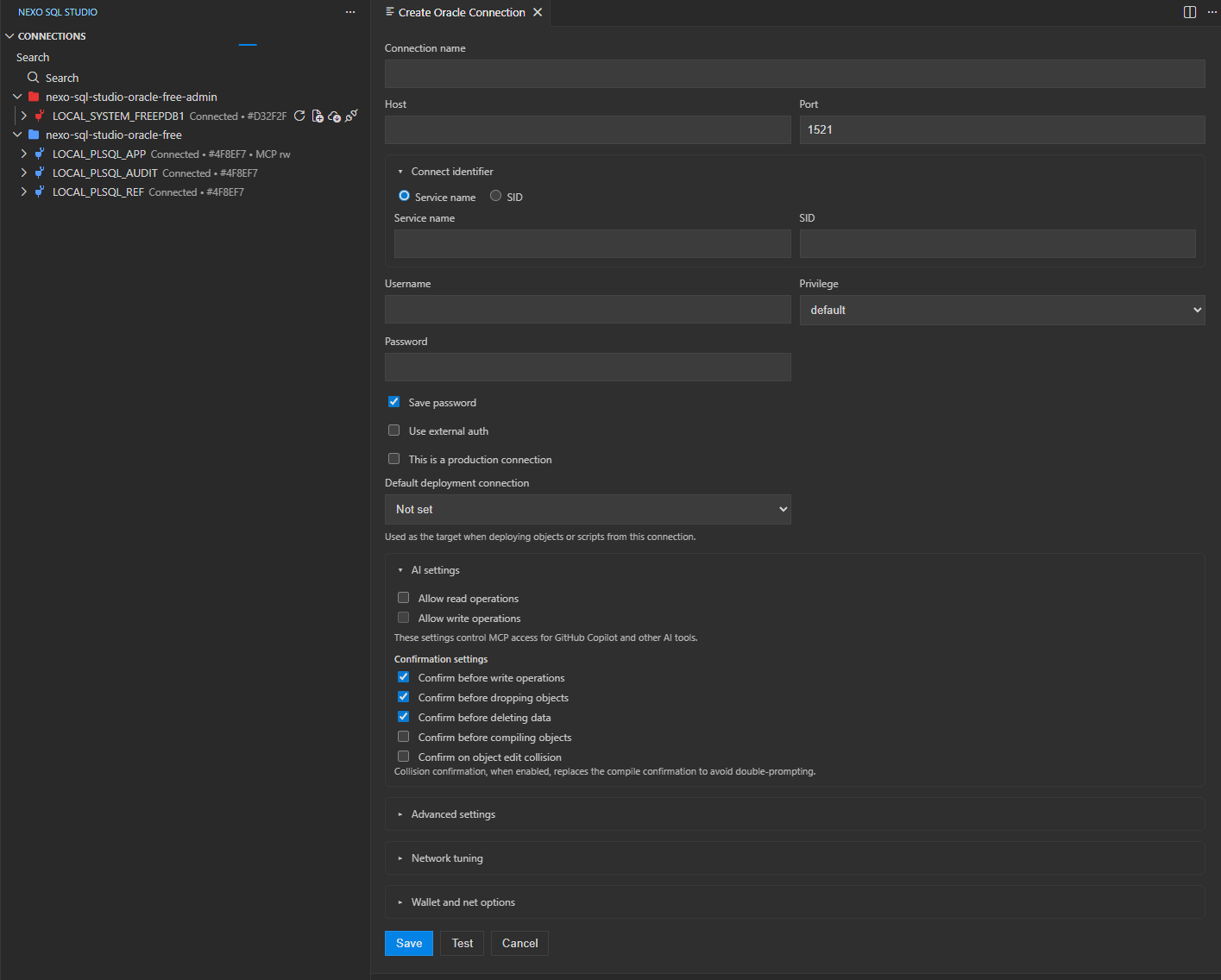 Oracle connection manager form for editing connection credentials and advanced settings.