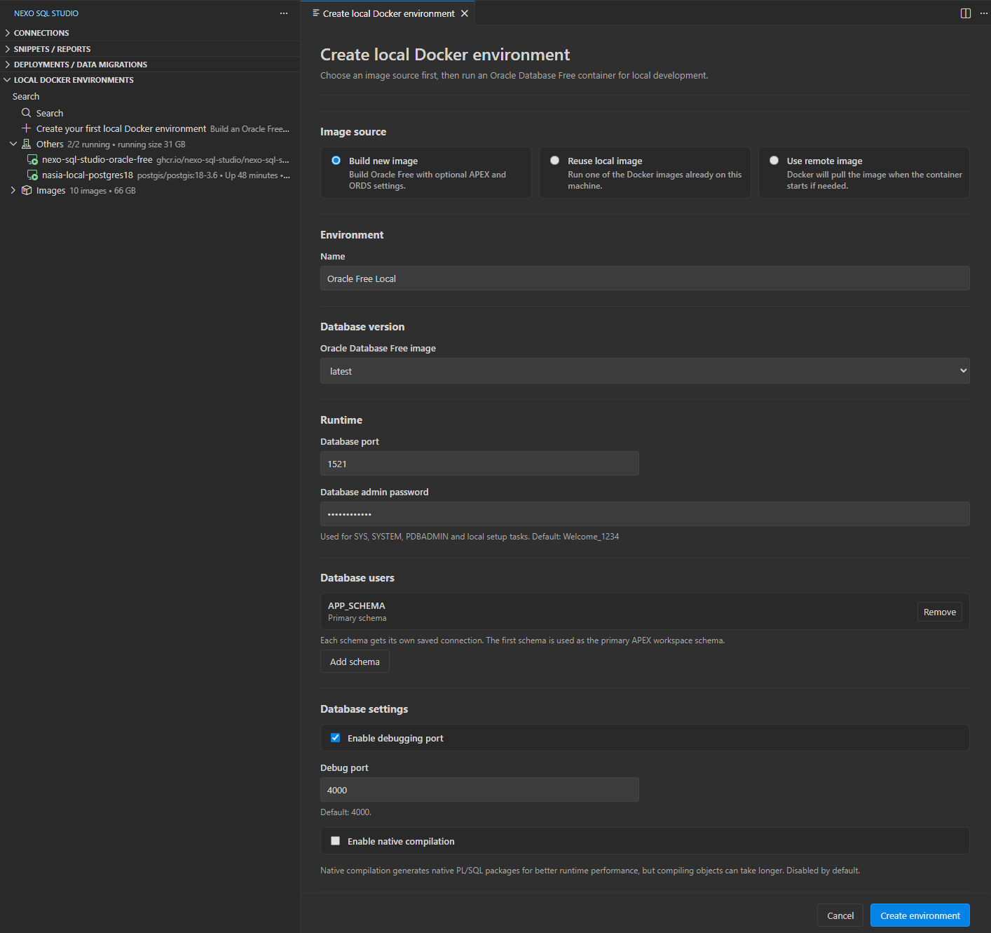 Local Oracle environment setup form for Docker, APEX, and custom connection configuration.