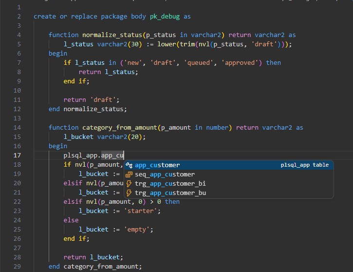 Oracle SQL editor showing instant cross-schema autocomplete suggestions in VS Code.