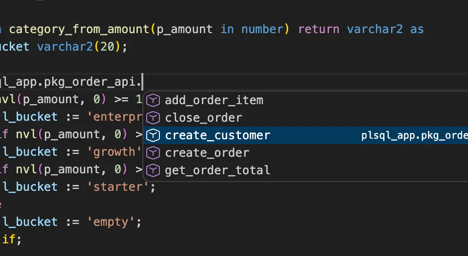 Oracle SQL editor showing instant cross-schema autocomplete suggestions in VS Code.