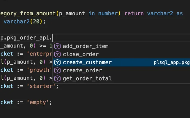 Oracle SQL editor showing instant cross-schema autocomplete suggestions in VS Code.