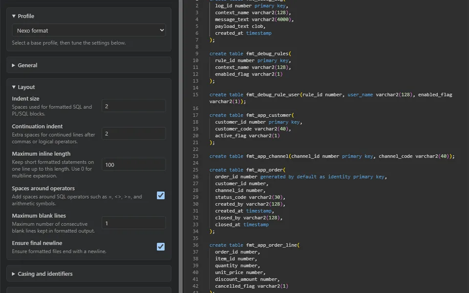 Nexo Formatter Settings panel in VS Code with customizable formatting options and a live code preview.