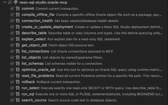 Nexo MCP panel showing AI tool support for offline files, compile actions, and Oracle queries.