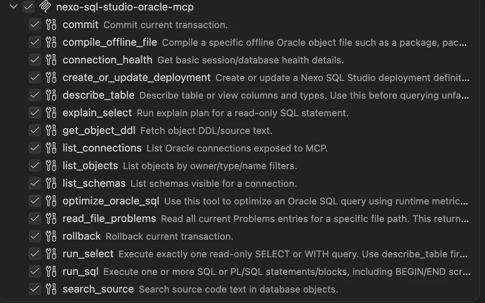 Nexo MCP panel showing AI tool support for offline files, compile actions, and Oracle queries.