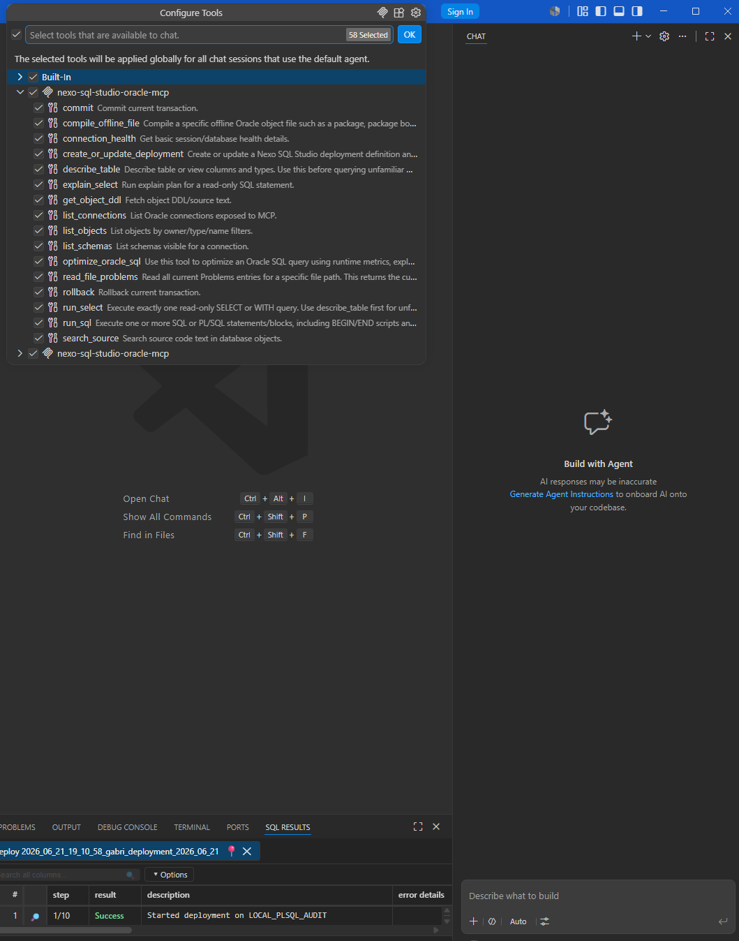 Nexo MCP panel showing AI tool support for offline files, compile actions, and Oracle queries.