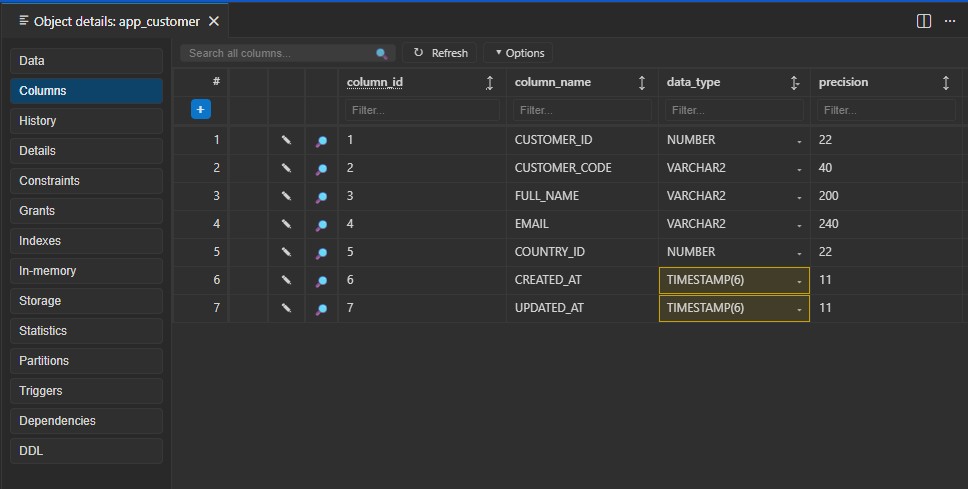 Oracle table detail panel showing columns, indexes, constraints, triggers, grants, and metadata.