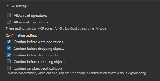 AI settings screen with folder and connection-level permissions for Nexo MCP database operations.