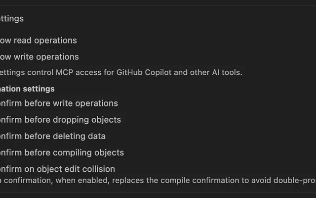 AI settings screen with folder and connection-level permissions for Nexo MCP database operations.
