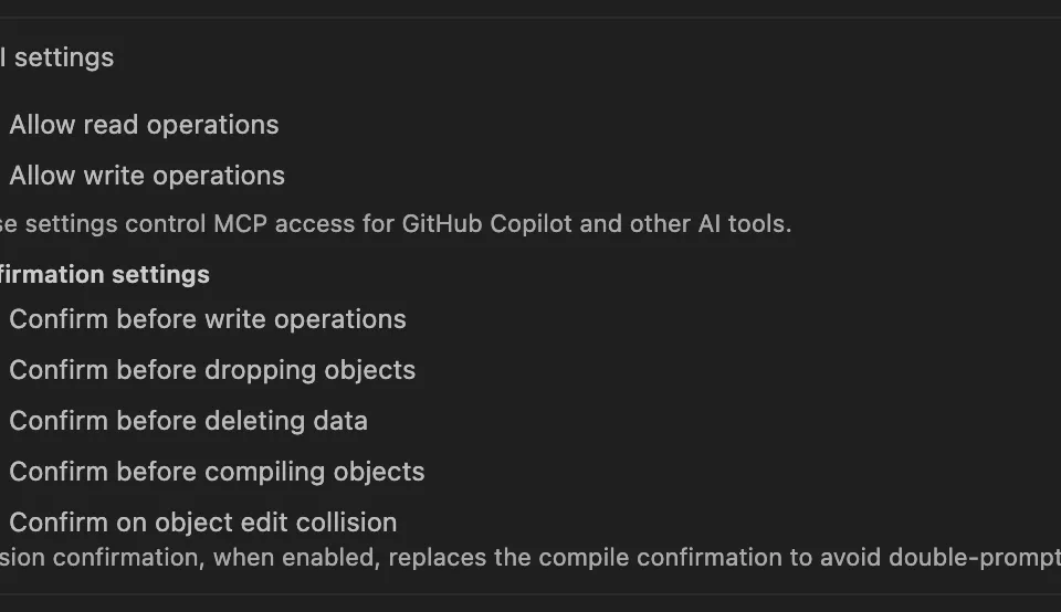 AI settings screen with folder and connection-level permissions for Nexo MCP database operations.