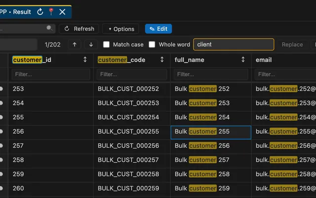 SQL results panel showing search and replace controls with highlighted matches in worksheet results.
