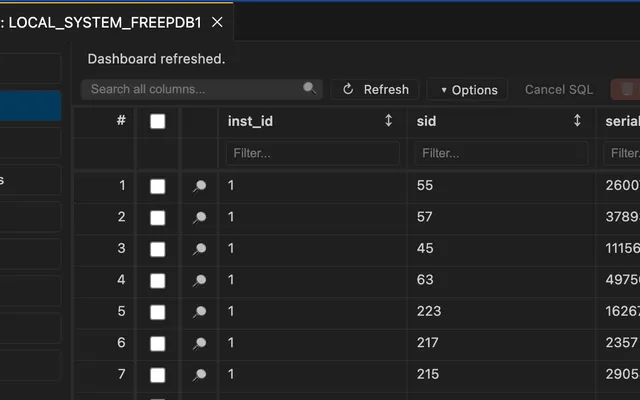Oracle session manager showing active database sessions and controls to kill selected sessions.