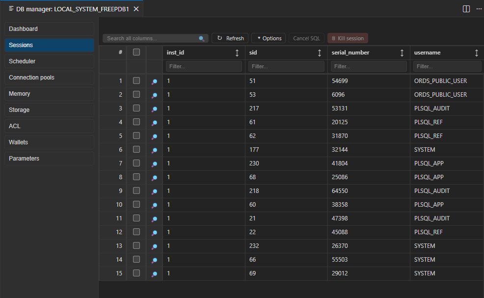 Oracle session manager showing active database sessions and controls to kill selected sessions.