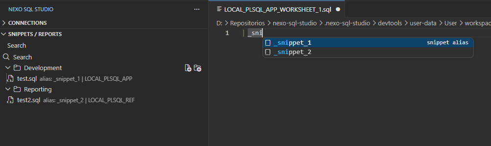 Snippet manager showing connection-bound SQL snippets with aliases, folders, and keyboard support.