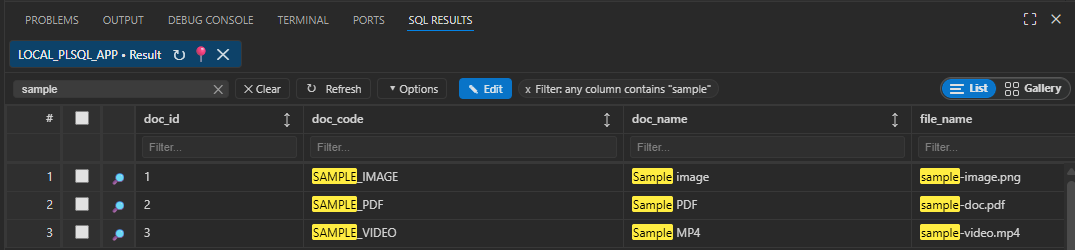 SQL worksheet result grid with all-column search and highlighted matching result cells.