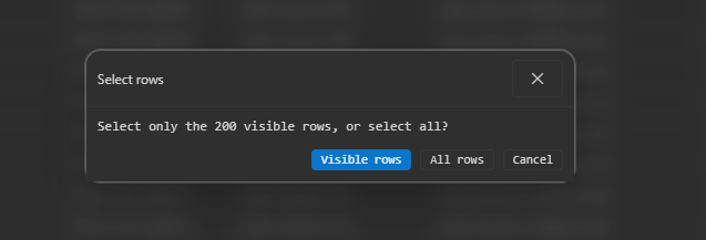 Worksheet result dialog for selecting all rows before applying bulk actions to SQL query results.