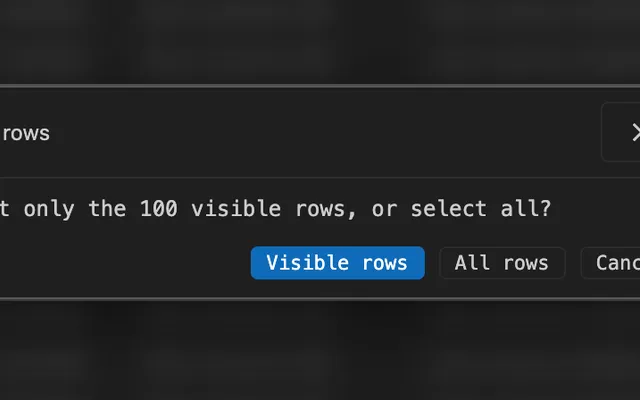 Worksheet result dialog for selecting all rows before applying bulk actions to SQL query results.