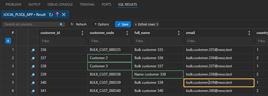 SQL worksheet result grid showing editable Oracle query results with an active edited cell.