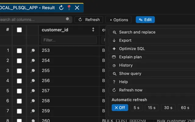 SQL worksheet result options menu with export, refresh, auto-refresh, and display controls.