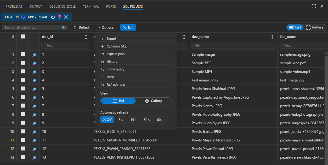SQL worksheet result options menu with export, rafraîchissement, auto-rafraîchissement, and display controls.