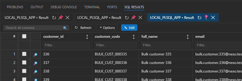 SQL worksheet with multiple result tabs and pinned Oracle query result tabs visible.
