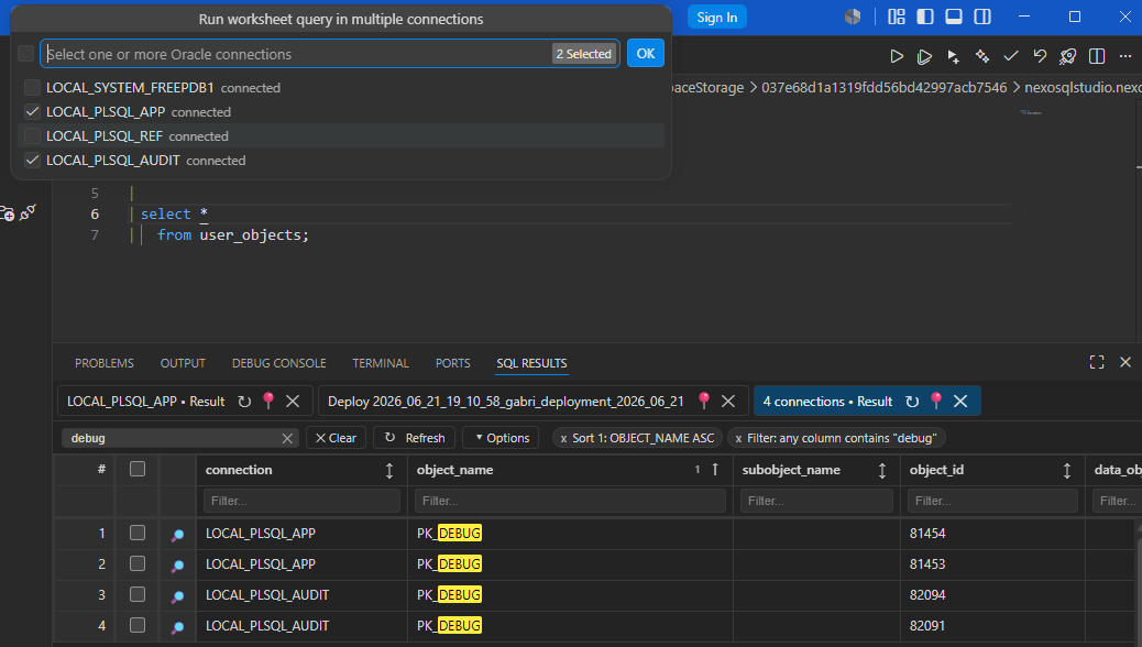 SQL worksheet running a query across multiple Oracle connections with unified filtered results.