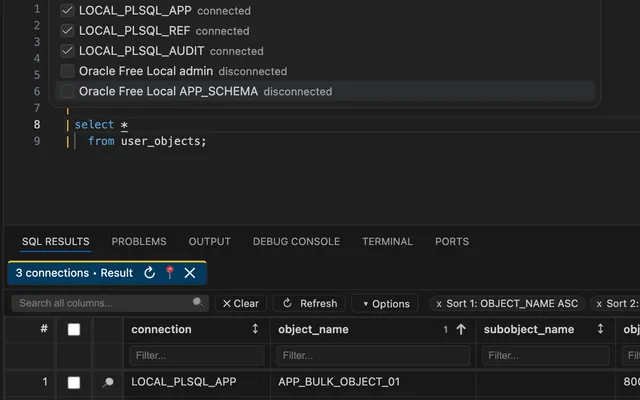 SQL worksheet running a query across multiple Oracle connections with unified filtered results.