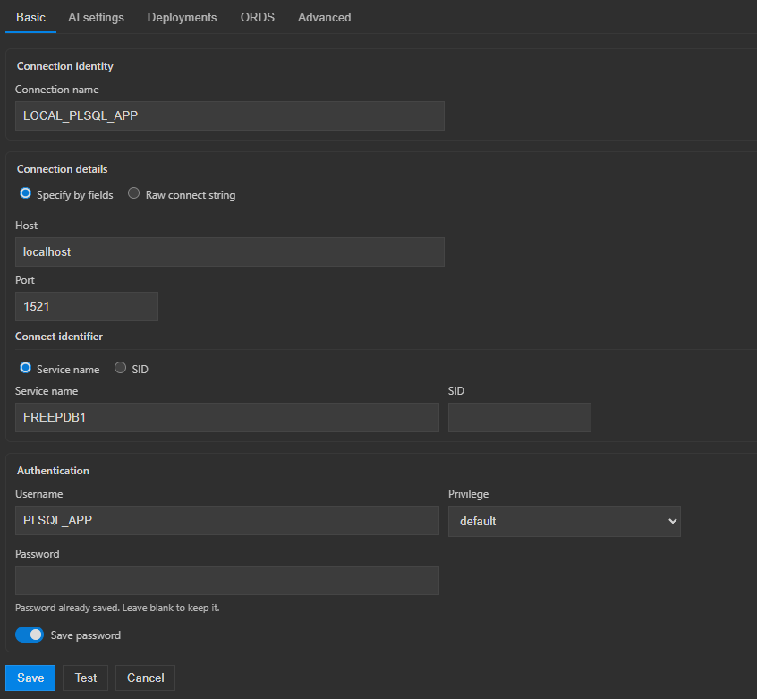 Basic connection settings Basic connection settings showing structured host, port, service name, username, privilege, and password controls